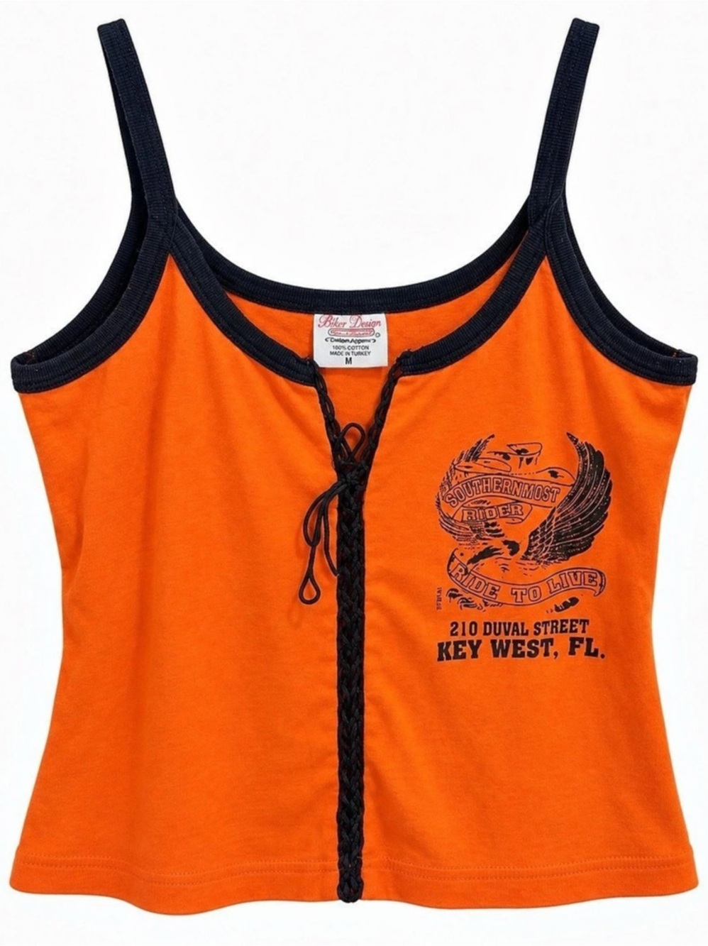 🔥VINTAGE Harley-Davidson Key West Orange Lace Up Tank Top Women’s Medium